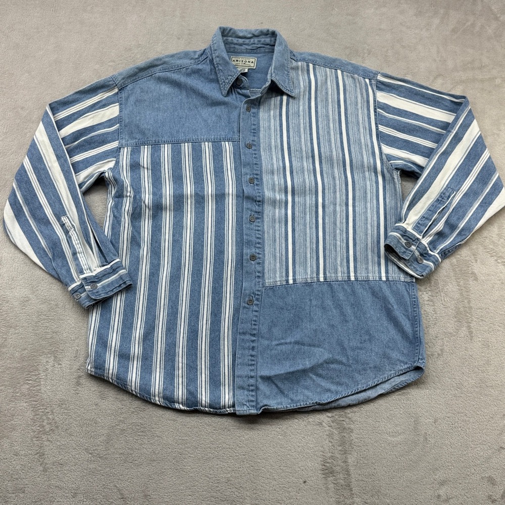 Vintage Arizona Button Down Men L Blue Striped Patchwork Denim Long Sleeve Shirt